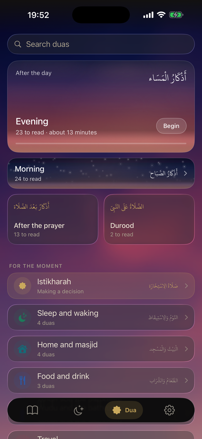 The Dua tab: the evening set first, then morning, after the prayer, durood, and duas for the moment