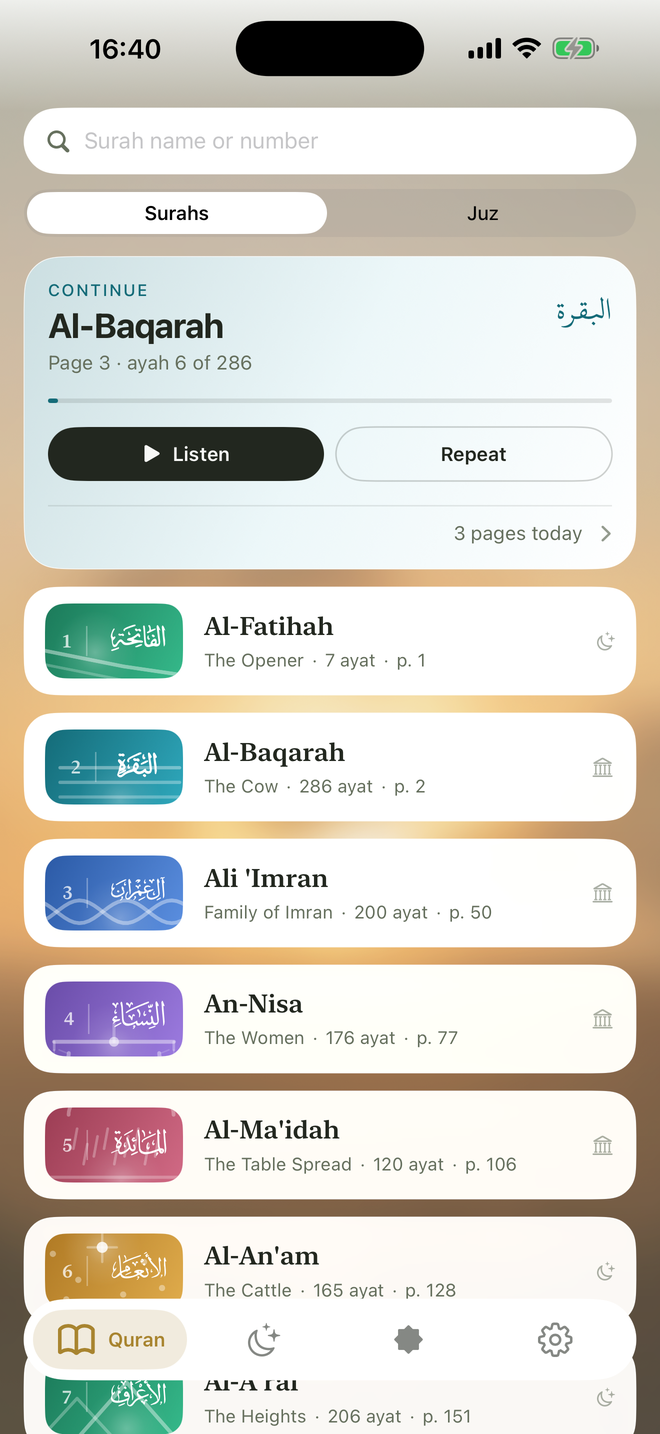 The Quran tab in the afternoon: light glass cards over a golden sky, with the Continue card, Listen and Repeat, and the list of surahs