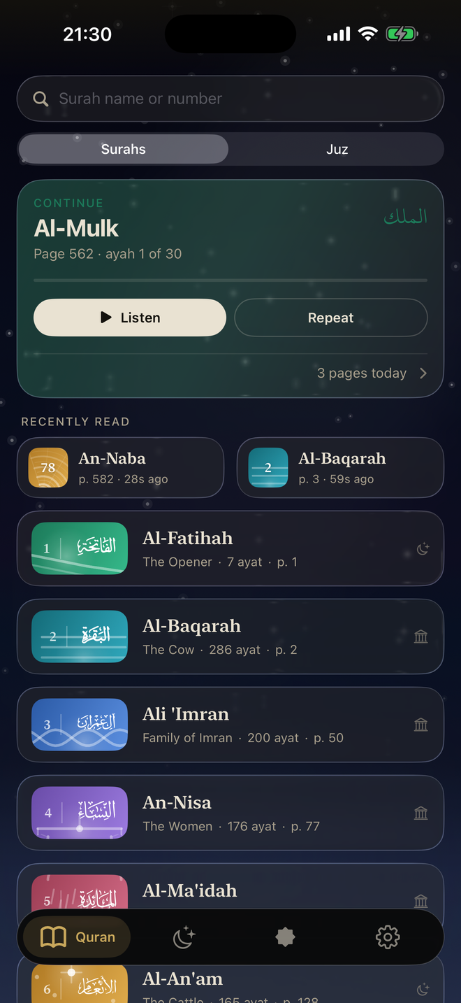 The Quran tab at night: dark glass cards over a starry sky