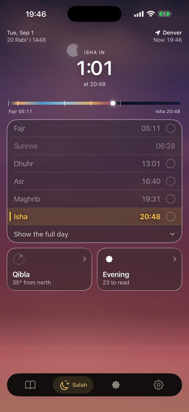 The Salah tab at dusk: Isha in 1:01, the day drawn as a coloured bar, the six times, and tiles for the qibla and the evening adhkar
